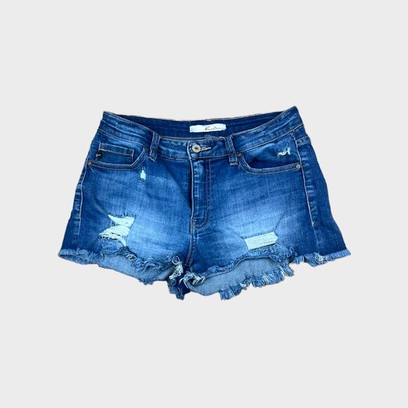 KanCun Daphne Mid Rise Shorts | Medium | Faded Dark Blue, Frayed Hem - Picture 6 of 9